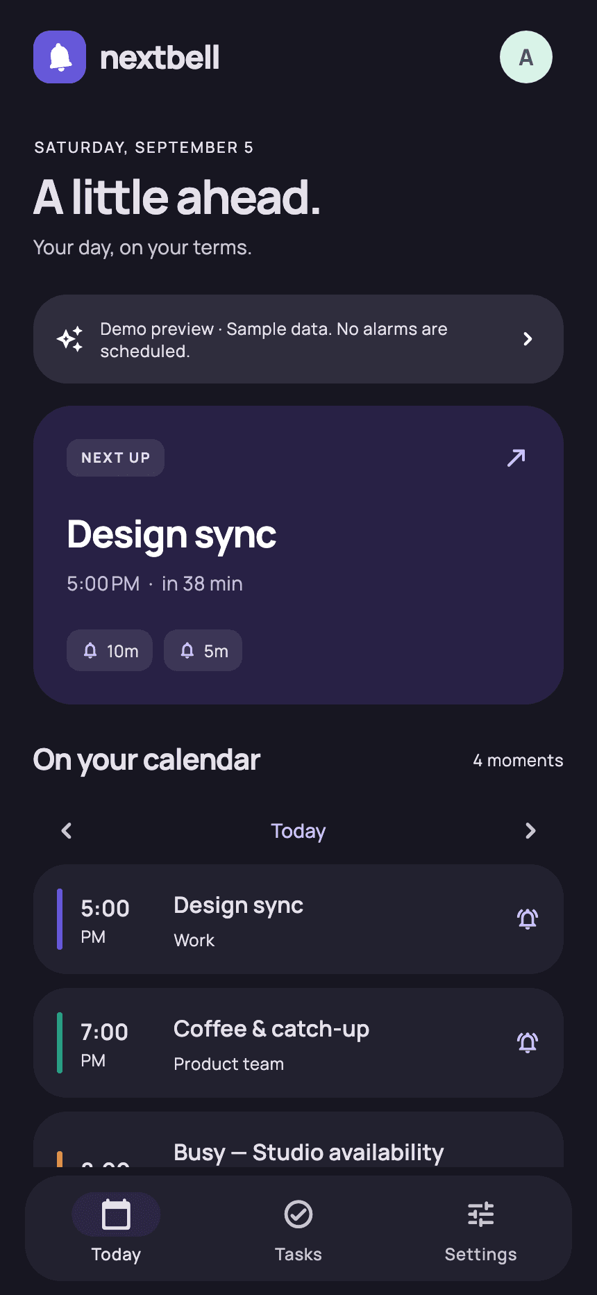Nextbell Today agenda in dark mode with sample events