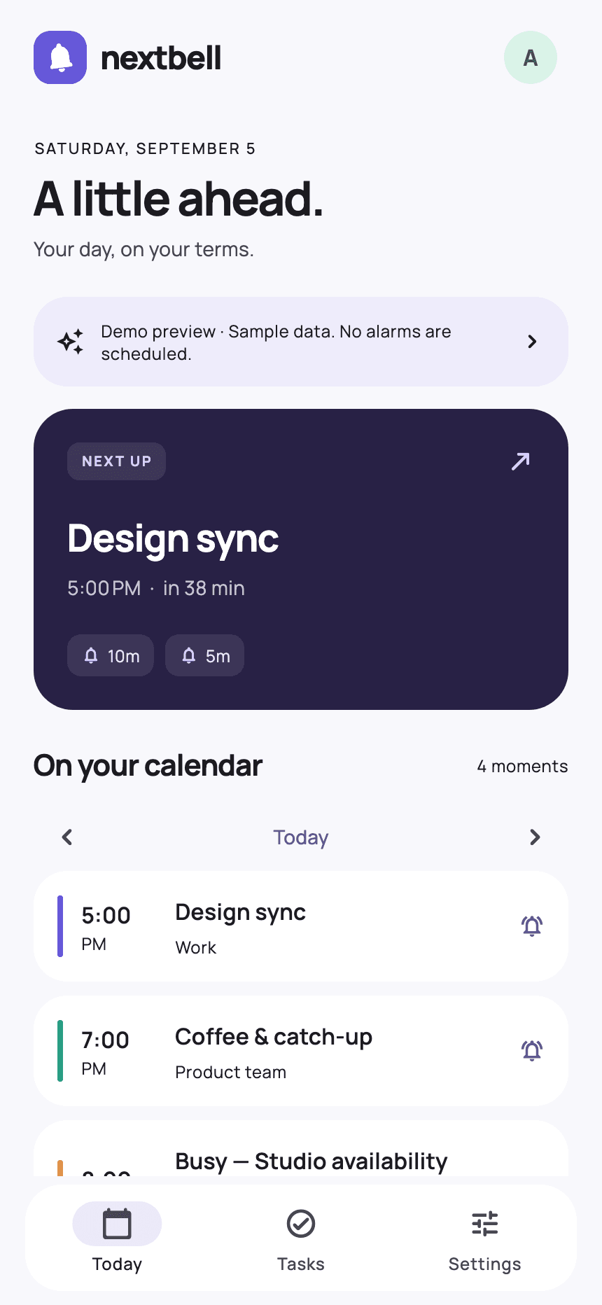 Nextbell Today agenda with sample meetings and 10- and 5-minute reminders