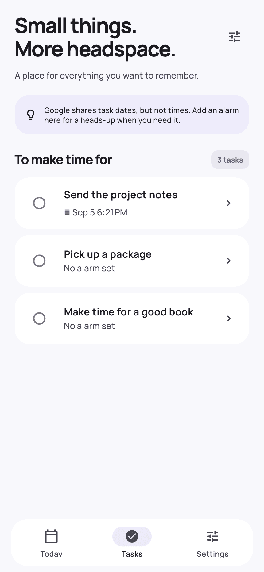 Nextbell Google Tasks screen showing sample tasks and an explicit reminder time